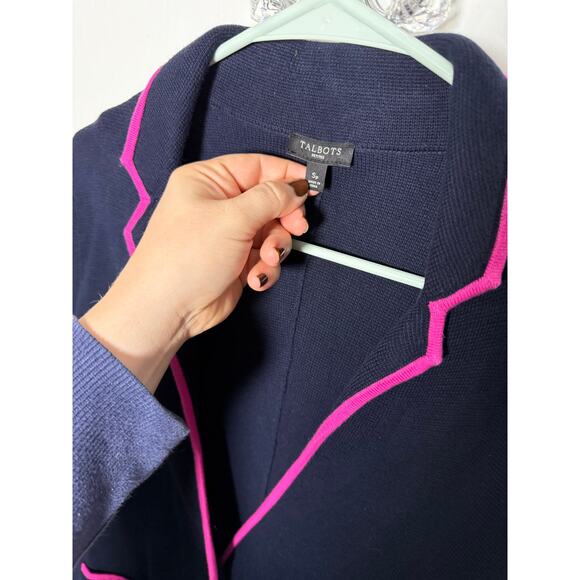 Talbots Navy Blue Pink Sweater Blazer Cotton Knit Chic Polished Women's SP - Picture 4 of 7